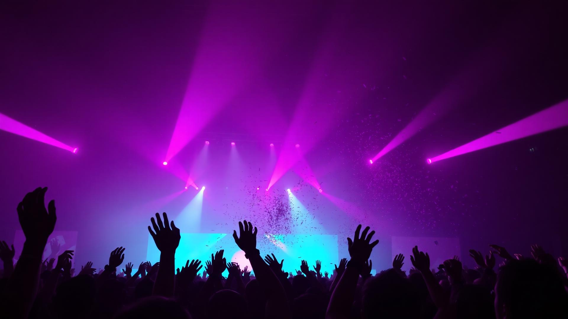 Concert crowd with hands raised under magenta stage lights