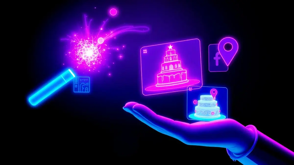 Neon holographic planning assistant with glowing wand and floating cards