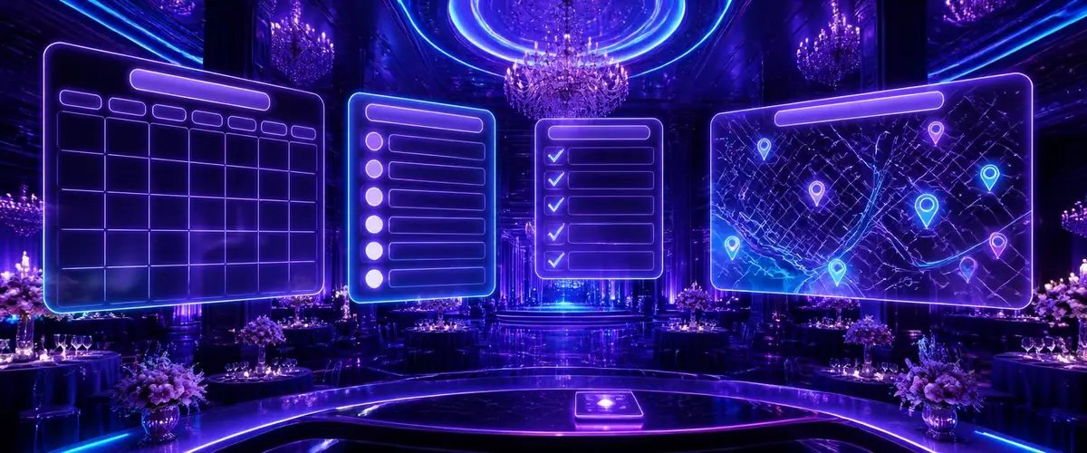 Holographic planning calendar and guest list in neon violet