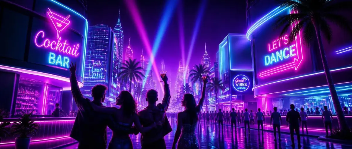 Neon-lit nightlife street with glowing bar signs