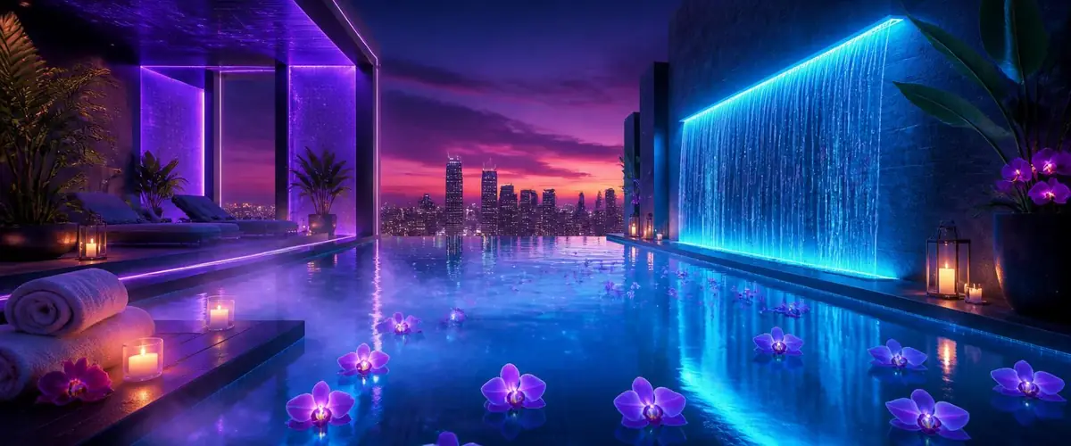 Serene luxury spa infinity pool with cyan neon reflections