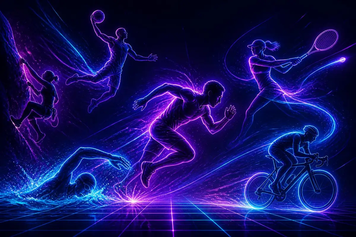 Neon floodlit sports arena with glowing athlete silhouettes